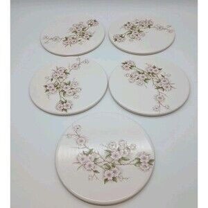 Vtg Mid-State Ceramic Trivets Cherry Spring Blossom 6"Round Set Of 5